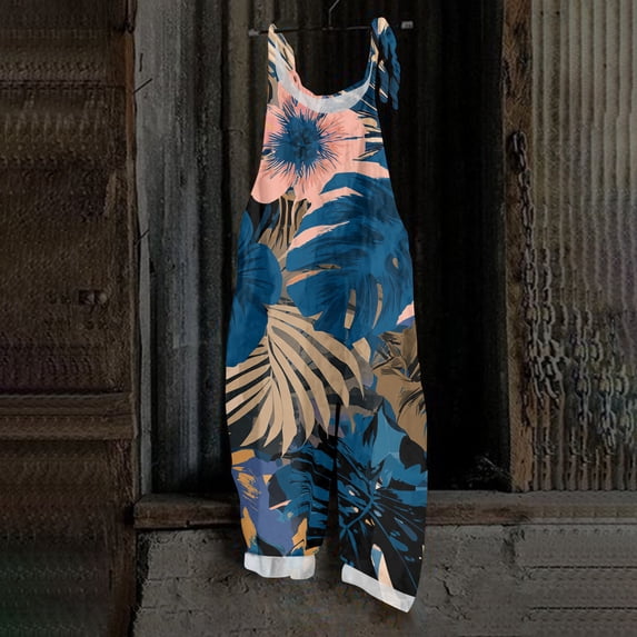 Iaqnaocc Hawaiian Jumpsuits for Women Plus Size Sleeveless Maple Leaf Print Jumpsuits Rompers Boho Vacation Rompers for Women Summer Casual Loose Spaghetti Strap Overalls for Women Dark Blue M