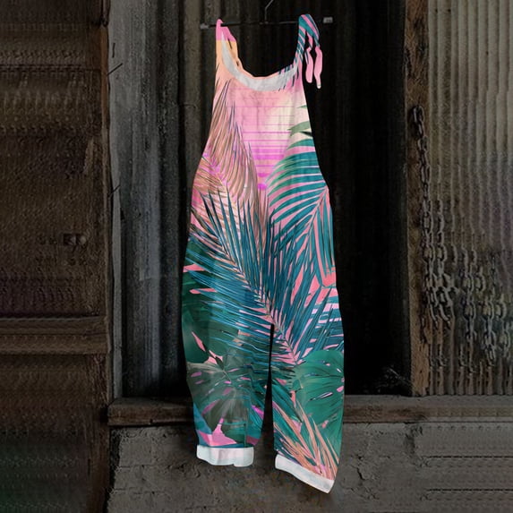 Iaqnaocc Hawaiian Jumpsuits for Women Summer Plus Size Boho Beach Vacation Womens Romper Sleeveless Tropical Jumpsuits Rompers Loose Fit Spaghetti Strap Overalls for Women Pink S