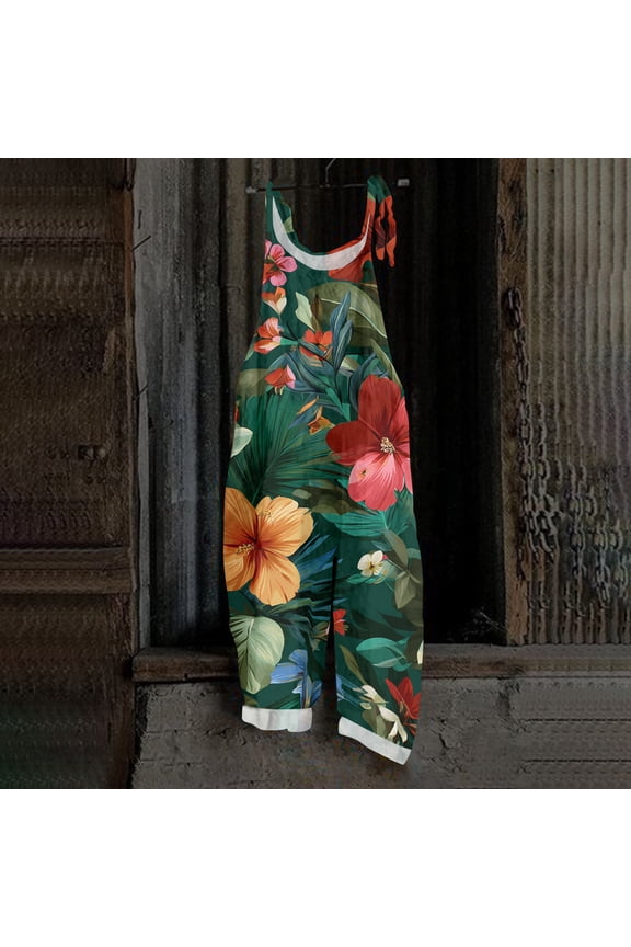 Hawaiian Jumpsuits for Women Summer Plus Size Boho Vacation Outfits for Women Sleeveless Floral Print Jumpsuits Rompers Loose Fit Adjustable Strap Womens Overalls Green L