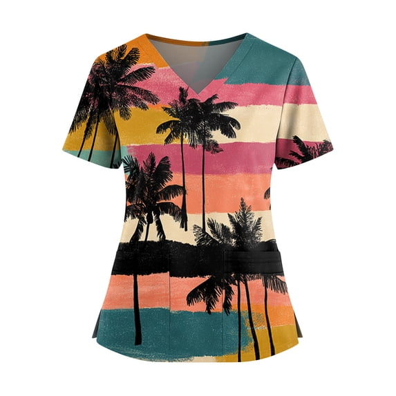 Iaqnaocc Hawaiian Scrubs for Women Funny Tropical Nurse Uniforms Fashion V-Neck Side Slits Scrub Tops Holiday Short Sleeve Medical Workwear with Pockets Orange XL