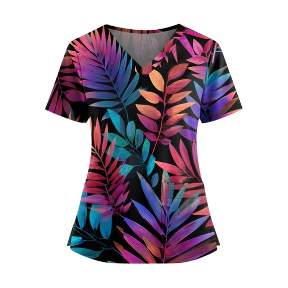 Iaqnaocc Hawaiian Scrubs for Women Plus Size Maple Leaf Print Nursing Uniform Trendy V Neck Side Slits Scrub Tops Party Short Sleeve Medical Workwear with Pockets Purple 4XL