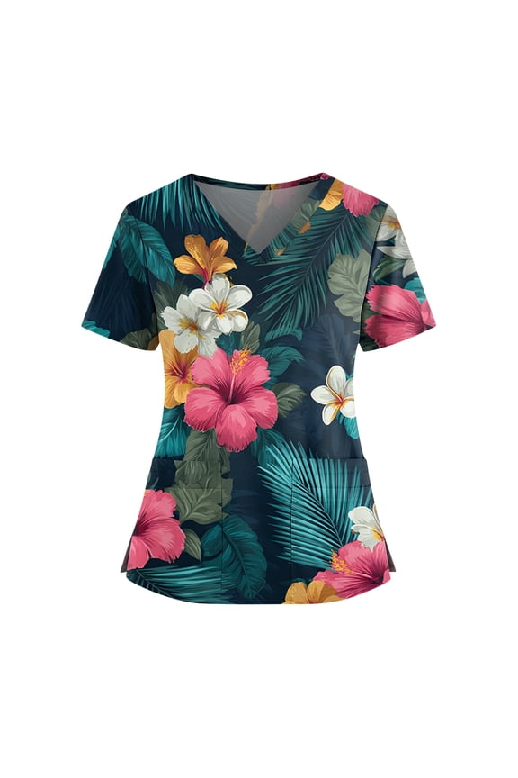 Hawaiian Scrubs for Women Premium Beach Nurse Working Uniforms Trendy V-Neck Floral Print Side Slits Scrub Tops Breathable Short Sleeve Medical Workwear with Pockets Green L