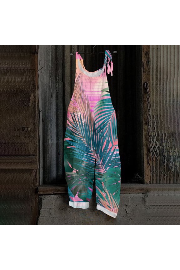Hawaiian Tropic Womens Jumpsuit Plus Size Sleeveless Tropical Jumpsuits Rompers Boho Beach Vacation Rompers for Women Summer Loose Fit Spaghetti Strap Womens Overalls Pink 5XL