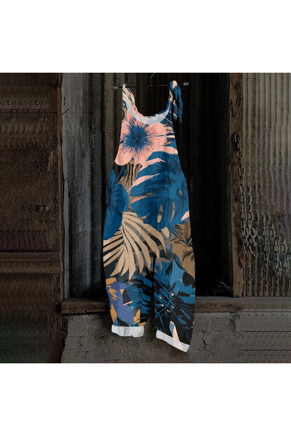 Hawaiian Tropic Womens Jumpsuit Summer Plus Size Boho Beach Rompers for Women Sleeveless Maple Leaf Print Jumpsuits Rompers Loose Fit Adjustable Strap Overalls for Women Dark Blue 5XL