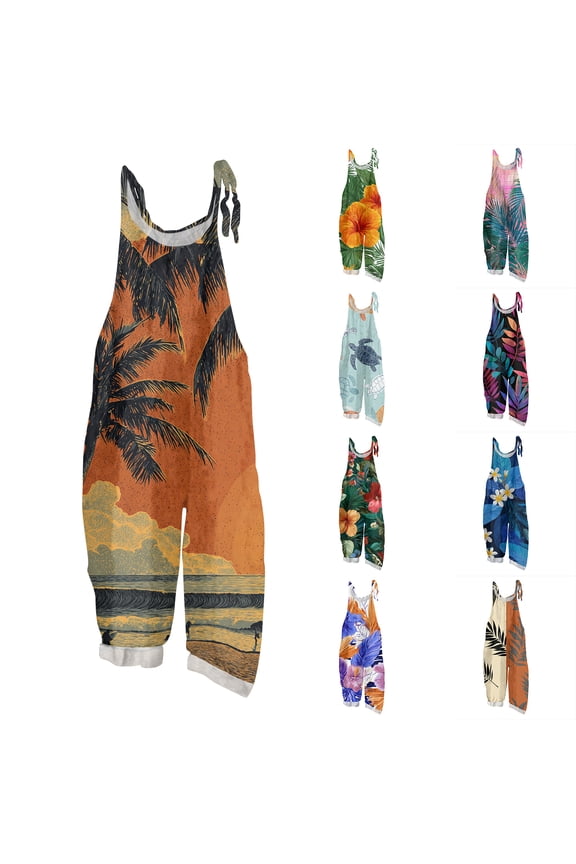 Hawaiian Tropic Womens Jumpsuit Summer Plus Size Boho Vacation Womens Romper Sleeveless Tropical Jumpsuits Rompers Loose Fit Spaghetti Strap Womens Overalls Orange S