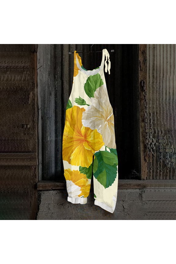Hawaiian Womens Jumpsuit Plus Size Sleeveless Floral Print Jumpsuits Rompers Boho Beach Outfits for Women Summer Loose Fit Adjustable Strap Womens Overalls Light Green S