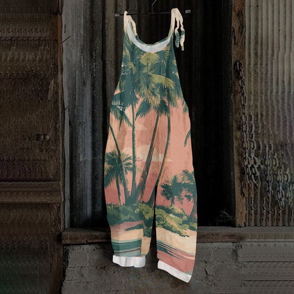 Iaqnaocc Hawaiian Womens Jumpsuit Plus Size Sleeveless Tropical Jumpsuits Overalls Boho Beach Rompers for Women Summer Casual Loose Spaghetti Strap Womens Overalls Pink 3XL