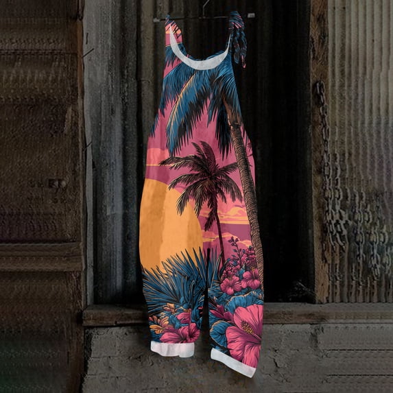 Iaqnaocc Hawaiian Womens Jumpsuit Summer Plus Size Boho Beach Vacation Rompers for Women Sleeveless Tropical Jumpsuits Rompers Loose Fit Adjustable Strap Overalls for Women Purple 4XL