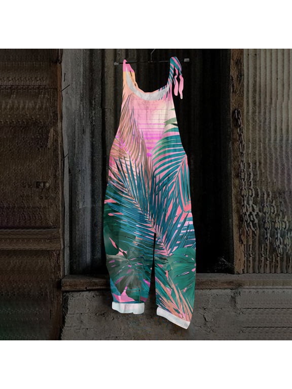 Hawaiian Womens Jumpsuit Summer Plus Size Boho Beach Vacation Womens Romper Sleeveless Tropical Jumpsuits Rompers Casual Loose Adjustable Strap Womens Overalls Pink 3XL