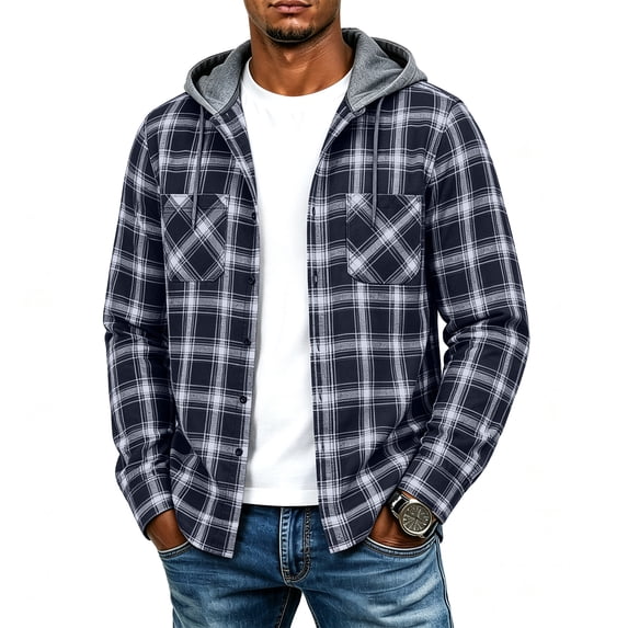 Iaqnaocc Hoodie Shirts for Men Flannel Plaid Long Sleeve Button Down Casual Fashion Classic Fall Hooded Jackets Shirt Light Blue S