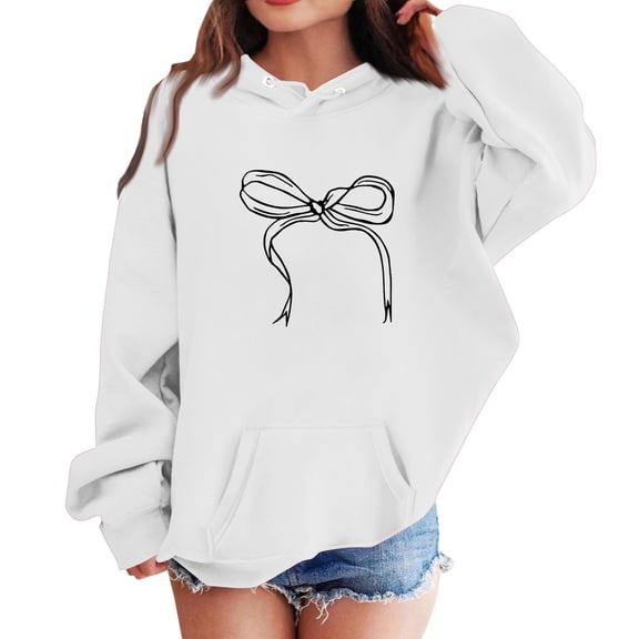 Iaqnaocc Hoodies for Teen Girls Size 10-12 Cute Bowknot Print Sweatshirts Fashion Fall Winter Hooded Comfort Long Sleeve Clothes White 7-8Y
