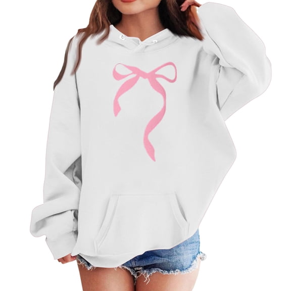 Iaqnaocc Hoodies for Teen Girls Size 7-8 Cute Bowknot Print Sweatshirts Trendy Fall Winter Hoodies Comfort Long Sleeve Pullovers Tops White 9-10Y