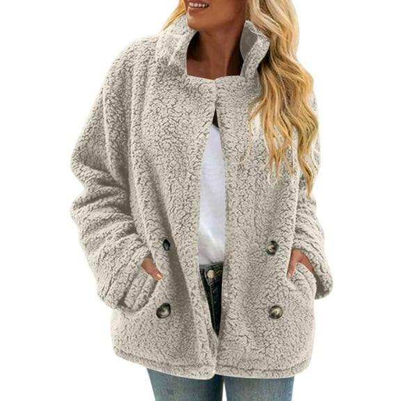 Iaqnaocc Jackets for Women Fuzzy Faux Fur Fleece Outwear Trendy Lapel Button Fall Winter Fluffy Sweaters Coats with Pockets Light Gray L
