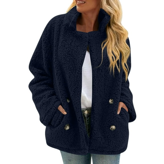 Iaqnaocc Jackets for Women Fuzzy Faux Fur Fleece Sherpa Jacket Fashion Lapel Button Fall Winter Fluffy Sweaters Coats with Pockets Navy S
