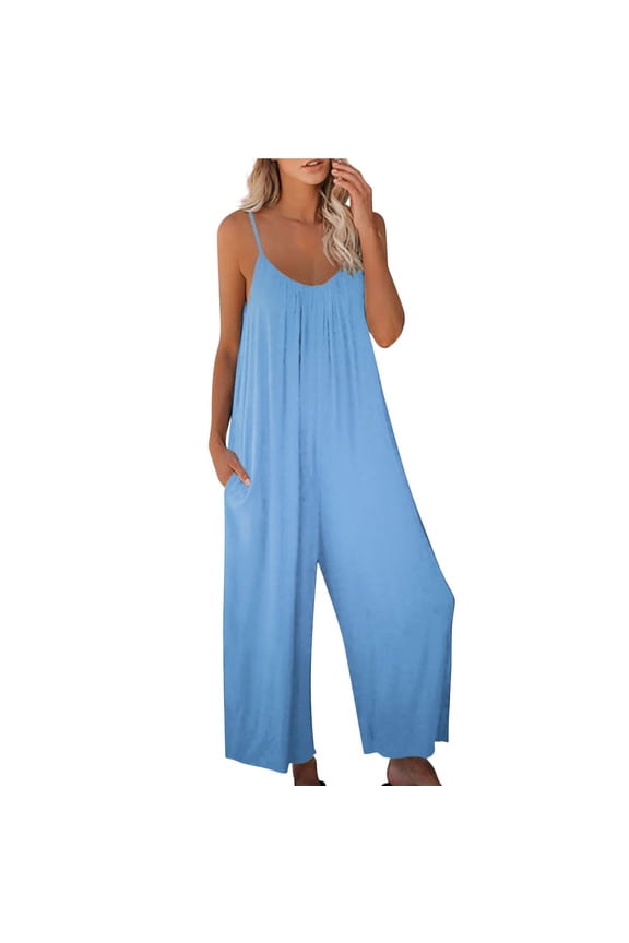 Jumpsuits For Women Plus Size Boho Summer Sleeveless Wide Leg Jumpers Casual Spaghetti Strap Jumpsuits Fashion Wide Leg Jumpers Sky Blue L