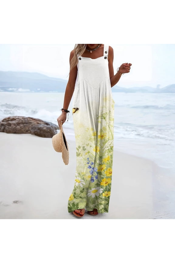 Jumpsuits For Women Vintage Boho Floral Print Sleeveless Jumpsuits Rompers Casual Adjustable Strap Jumpsuits Beach Fashion Overalls Green S