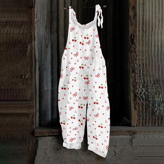 Iaqnaocc Jumpsuits for Women Overalls Casual Loose Adjustable Straps Cherry Print Long Pant with Pockets Overalls for Women Dressy Trendy Outfits Clothes Light Green XXXL