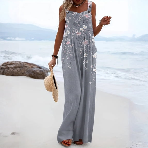 Iaqnaocc Jumpsuits For Women Plus Size Floral Print Sleeveless Wide Leg Jumpers Casual Party Adjustable Strap Jumpsuits Trendy Holiday Overalls Gray M