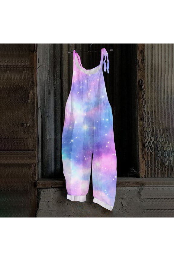 Jumpsuits For Women Plus Size Starry Sky Sleeveless Jumpsuits Rompers Casual Party Adjustable Strap Jumpsuits Fashion Holiday Overalls Light Purple 4XL
