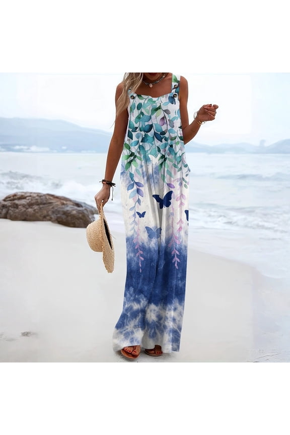 Jumpsuits For Women Vintage Boho Floral Print Sleeveless Jumpsuits Rompers Casual Party Adjustable Strap Overalls Jumpsuits 2026 Trendy Holiday Overalls Blue M