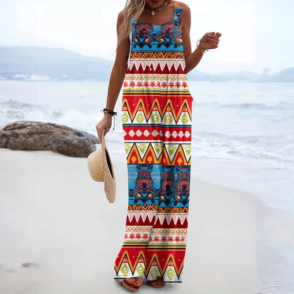Iaqnaocc Jumpsuits For Women Vintage Boho Western Ethnic Style Sleeveless Wide Leg Jumpers Casual Adjustable Strap Overalls Jumpsuits Trendy Holiday Wide Leg Jumpers Multicolor 2XL