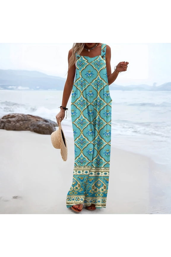 Jumpsuits For Women Vintage Boho Western Ethnic Style Sleeveless Wide Leg Jumpers Loose Fit Adjustable Strap Jumpsuits Beach Fashion Wide Leg Jumpers Turquoise M