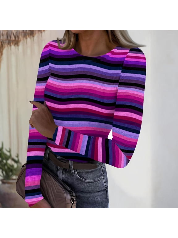 Long Sleeve Shirts for Women Slim Fit Striped Ribbed Underwear Tops Trendy Base Layer Women Tees Holiday Fall Spring Crew Neck Undershirts Dark Purple S