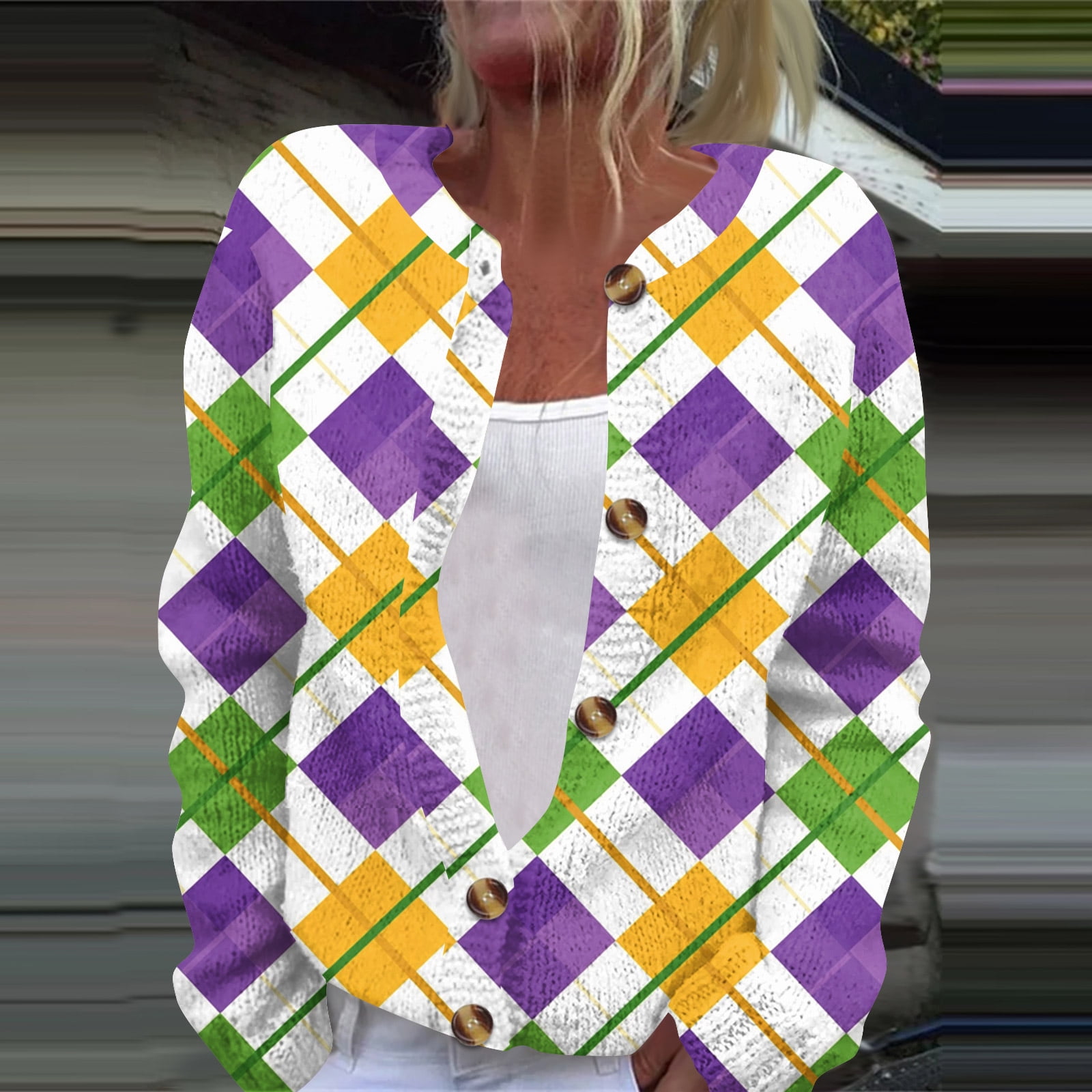 Mardi Gras Cardigan for Women Party Fat Tuesday Graphic Chunky Sweater Button Down Plus Size Long Sleeve Sweater Coats White XL