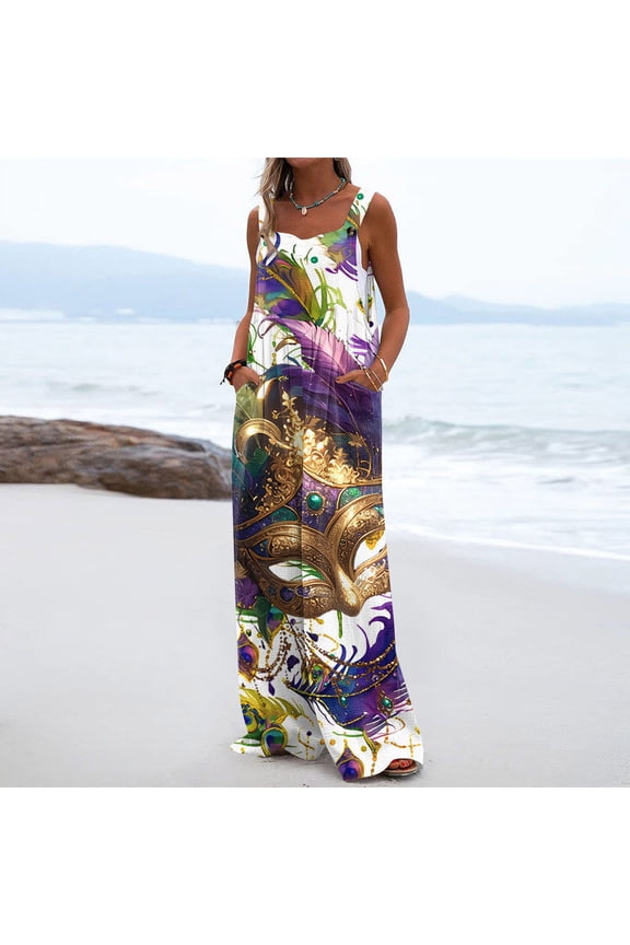 Mardi Gras Jumpsuits for Women Funny Mask Printed Sleeveless Wide Leg Jumpers Casual Carnival Party Overalls Jumpsuits Baggy Holiday Overalls White XL