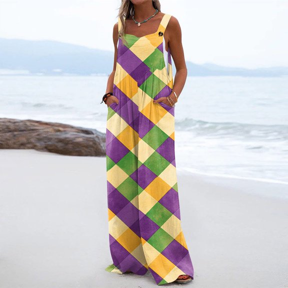 Iaqnaocc Mardi Gras Jumpsuits for Women Funny Patchwork Carnival Graphic Sleeveless Jumpsuits Rompers Loose Fit Carnival Wide Leg Overalls Jumpsuits 2025 Trendy Overalls Khaki S