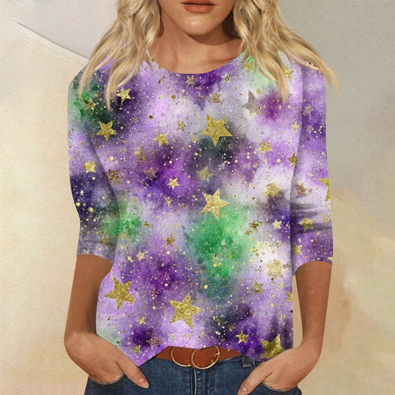 Iaqnaocc Mardi Gras Shirts for Women 3/4 Sleeve Fancy Carnival Graphic Costumes Holiday Shirts Party New Orleans Tops White M