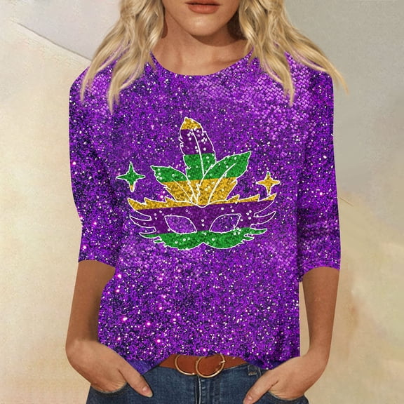 Iaqnaocc Mardi Gras Shirts for Women 3/4 Sleeve Fancy Mask Printed Pullover Holiday Tshirt Party New Orleans Tees Tops Light Purple 3XL