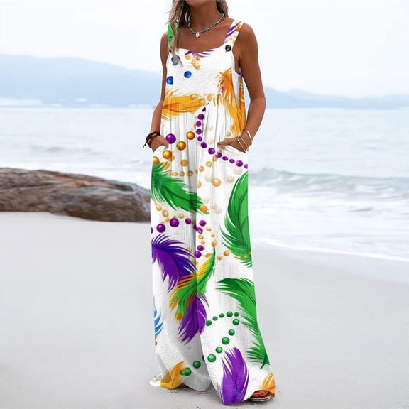 Iaqnaocc Mardi Gras Women's Jumpsuits Funny Mask Printed Sleeveless Wide Leg Jumpers Casual Dressy Carnival Party Jumpsuits 2025 Trendy Rompers Beige L