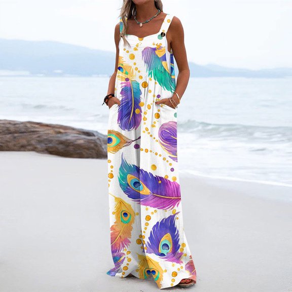 Iaqnaocc Mardi Gras Women's Jumpsuits Funny Mask Printed Sleeveless Wide Leg Jumpers Casual Dressy Carnival Party Overalls Jumpsuits Fashion Overalls White XL