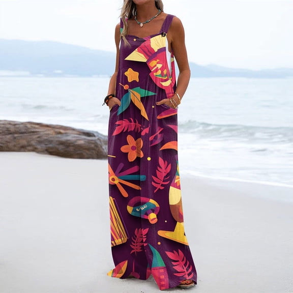 Iaqnaocc Mardi Gras Women's Jumpsuits Funny Mask Printed Sleeveless Wide Leg Jumpers Loose Fit Carnival Adjustable Strap Overalls Jumpsuits Baggy Rompers Wine XL