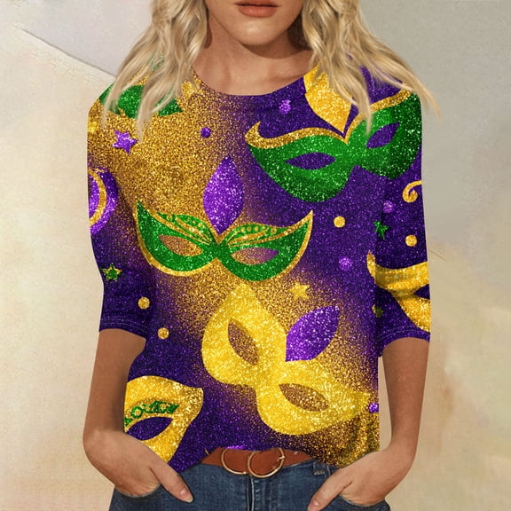 Iaqnaocc Mardi Gras Women's Tops 3/4 Length Sleeve Funny Mask Printed Pullover Holiday Tshirt Party New Orleans Tees Tops Fluorescence Yellow 2XL