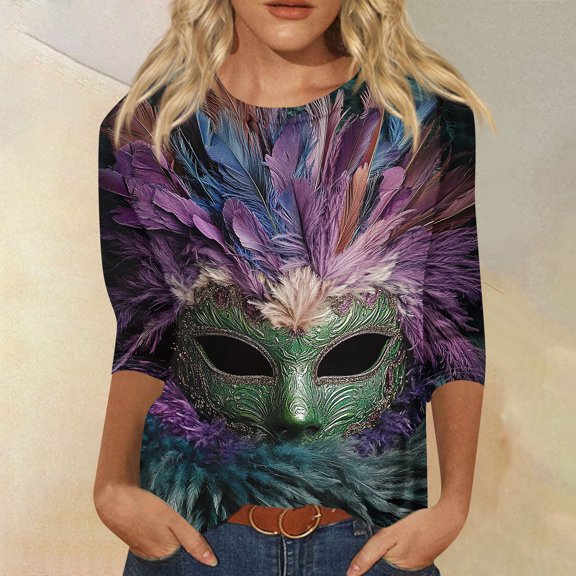 Iaqnaocc Mardi Gras Women's Tops 3/4 Sleeve Funny Mask Printed Pullover Holiday Tshirt Party Carnival Gift Blouse Dark Green 5XL