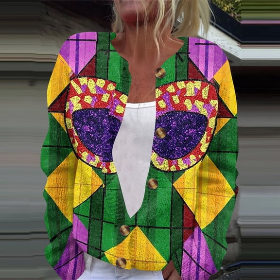 Iaqnaocc Mardi Gras Womens Cardigan Trendy Fat Tuesday Graphic Chunky Sweater Button Up Oversized Long Sleeve Sweater Coats Green L