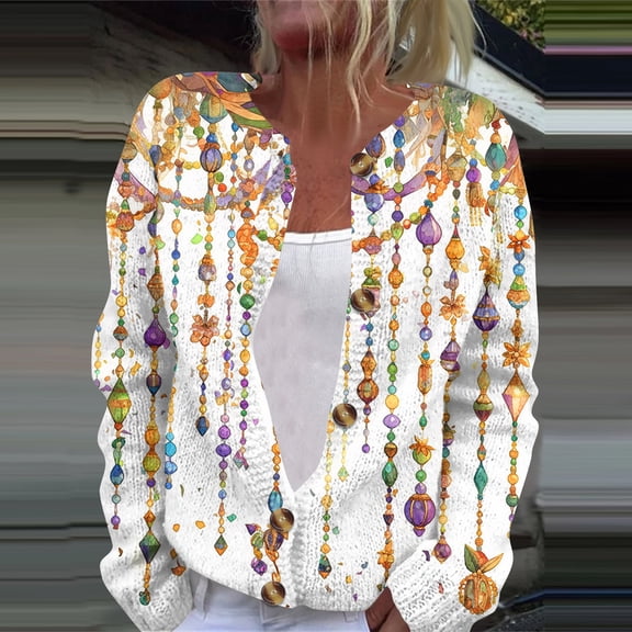 Iaqnaocc Mardi Gras Womens Cardigan Trendy Fat Tuesday Graphic Knitted Sweaters Button Down Comfort Soft Long Sleeve Outwear White 5XL