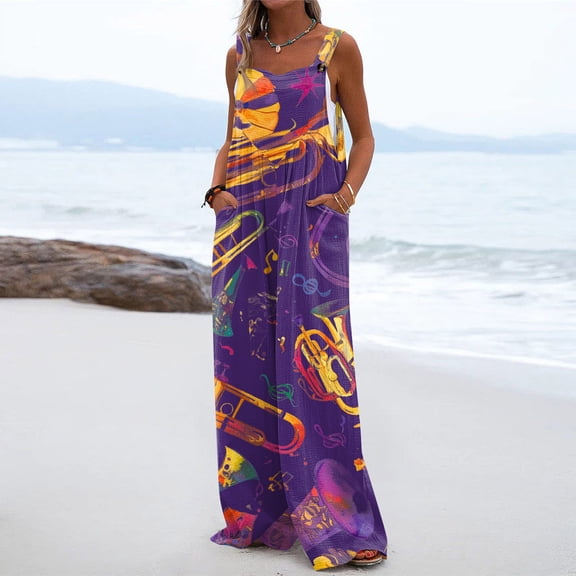 Iaqnaocc Mardi Gras Womens Jumpsuit Funny Mask Printed Sleeveless Wide Leg Jumpers Loose Fit Carnival Adjustable Strap Overalls Jumpsuits Fashion Holiday Overalls Light Purple XXL