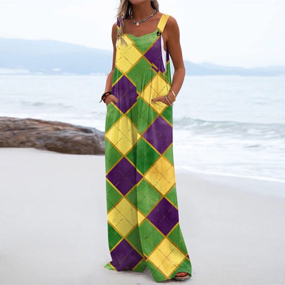 Iaqnaocc Mardi Gras Womens Jumpsuit Funny Patchwork Carnival Graphic Sleeveless Wide Leg Jumpers Casual Carnival Party Jumpsuits Baggy Overalls Army Green S