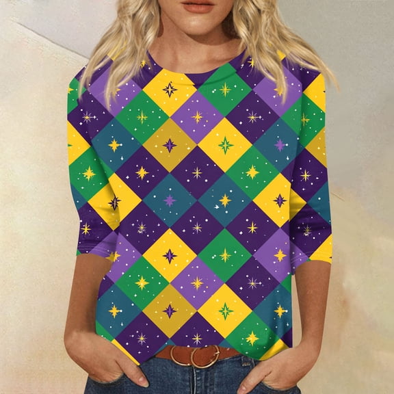 Iaqnaocc Mardi Gras Womens Tops 3/4 Sleeve Funny Carnival Graphic Costumes Holiday Tshirt Party Carnival Gift Tops Yellow L