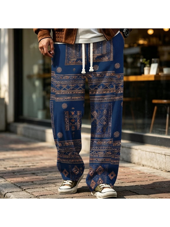 Men's Patchwork Waffle Fabric Pants Casual Drawstring Elastic Waist Wide Leg Summer Vacation Beach Pants Navy S