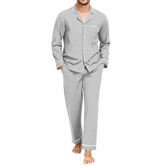 Iaqnaocc Mens Pajamas Set Soft Comfort Two Piece Set Long Sleeve Button Down Shirts and Pants Breathable Pjs Sets Light Gray XL