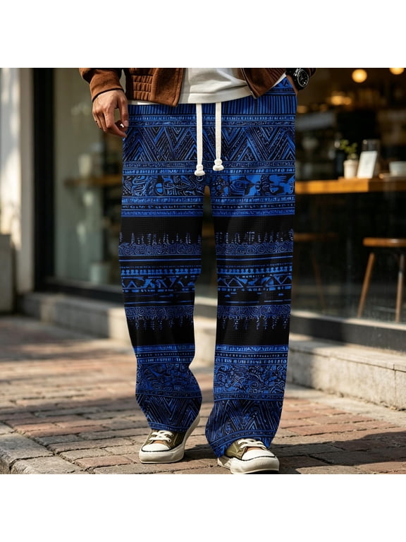 Mens Pants Boho Patchwork Printed with Drawstring Waist Pant Relaxed Fit Casual Trousers Beach Vacation Breathable Slacks Dark Blue S