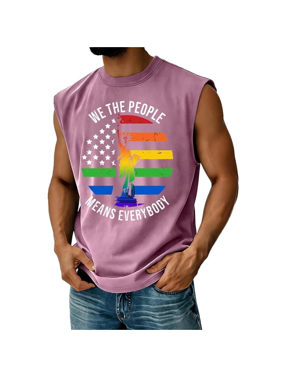 Mens Pride Tank Tops Rainbow We The People Graphic Sleeveless Mens Shirt Graphic American Flag Stars Pride Human Equality Tee Light pink M