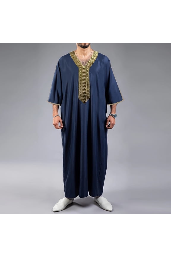 Mens Robe Caftan Big and Tall Throbe islam for men Embroidered Loose Breathable Long Gown Muslim Middle East Kaftan Dresses Muslim Dubai Clothes Navy 2XL