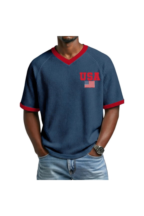 Mens Shirts 4th of July Vintage Waffle 250 Years America Shirt Independence Day V Neck Anniversary Summer 250th Anniversary Patriotic Tee Navy L