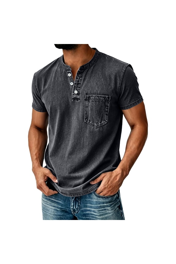 Mens Shirts Henley Shirts Short Sleeve Casual Washed Denim Tee Vintage Summer Shirts Stylish Relaxed Fit Wash Tshirt Gray L
