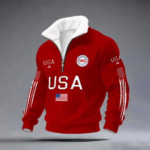 Iaqnaocc Mens Sweatshirt 250 Anniversary Usa Waffle Zippper Mock Neck Shirts for Men 250 Anniversary Usa Shirt Usa Flag Patriotic American Flag Pullover Red M